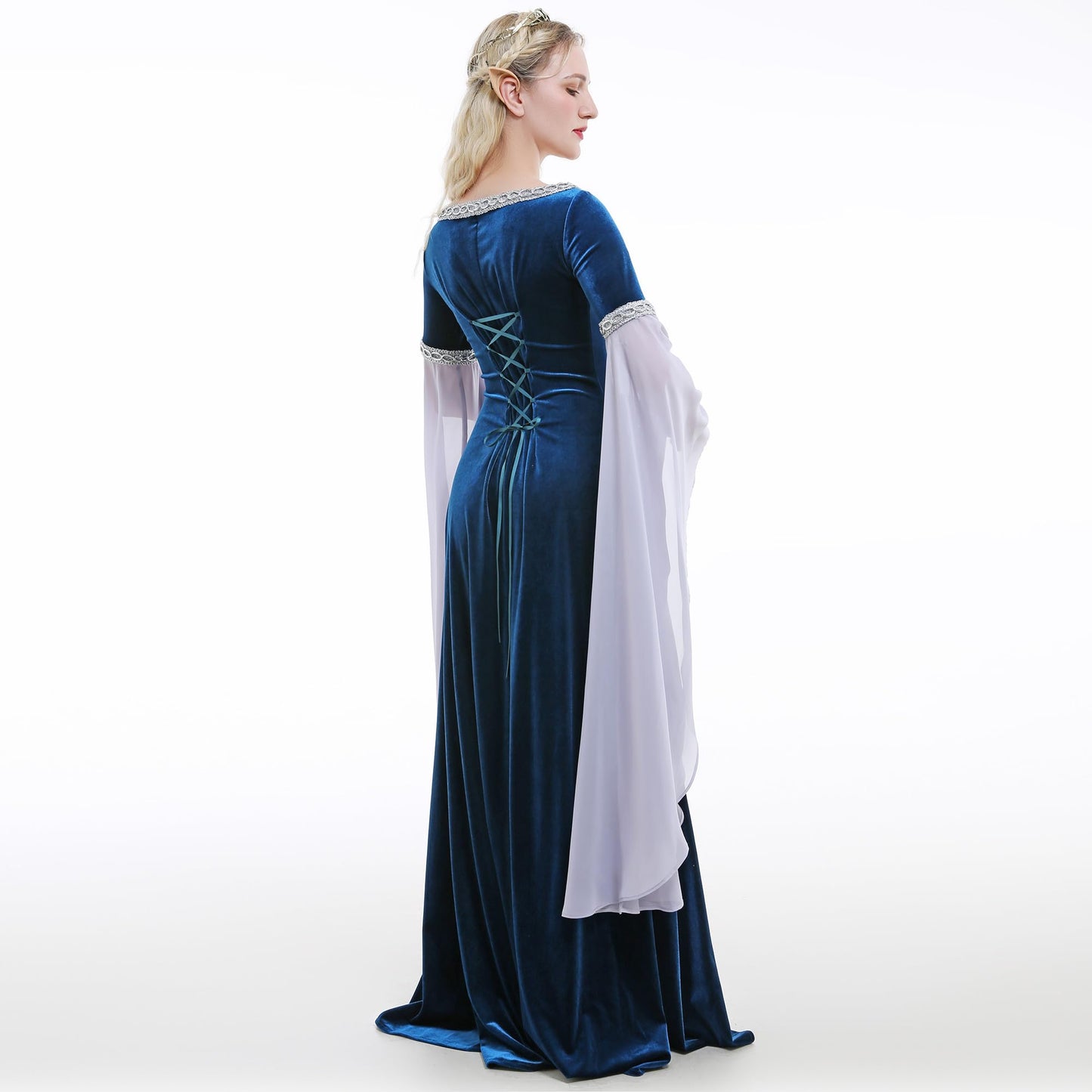 daizbella Medieval Renaissance Costume Dress Handmade Historical Rretro Dress Velvet Gown with Chiffon Sleeves Blue