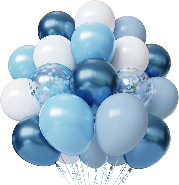 Blue and White Balloons, 50pcs 12 inch Blue White Confetti Balloons Kit, Metallic Chrome Blue Latex Balloons for Birthday,...