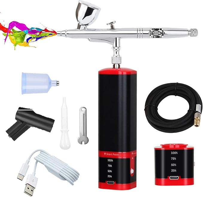 Casubaris Portable mini Airbrush kit with Holder Stable for Both air Brush Pen and Rechargeable Airbrush Compressor with Replaceable Battery for Nail,Barber,Models,Art,Cake Decorations etc.