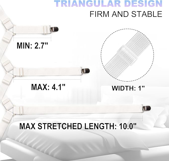 4 PCS Fitted Bed Sheet Straps - Elastic Suspenders with Metal Clips for Bed Sheets, Mattress Covers, Sofa Cushions - Adjustable Fasteners to Keep Sheets Wrinkle-Free (White-4pcs)