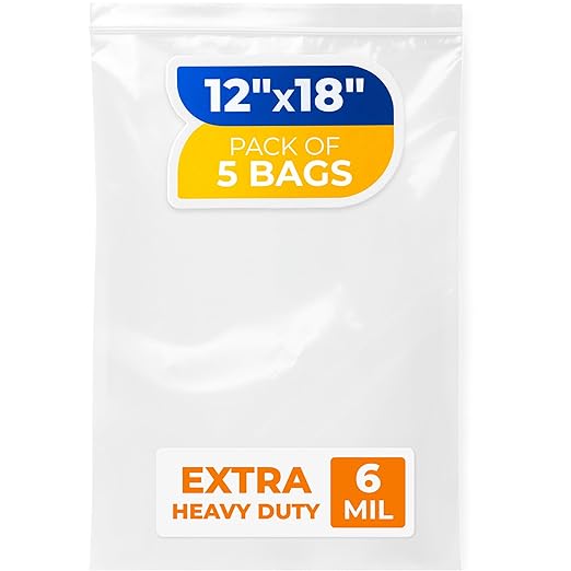 12" x 18" Large Zip Seal Lock Bags, 6 Mil (Pack of 5) – Heavy-Duty Reclosable Plastic Bags – Clear, Resealable, Waterproof – For Storing and Organizing Clothes, Jewelry, and Travel Items