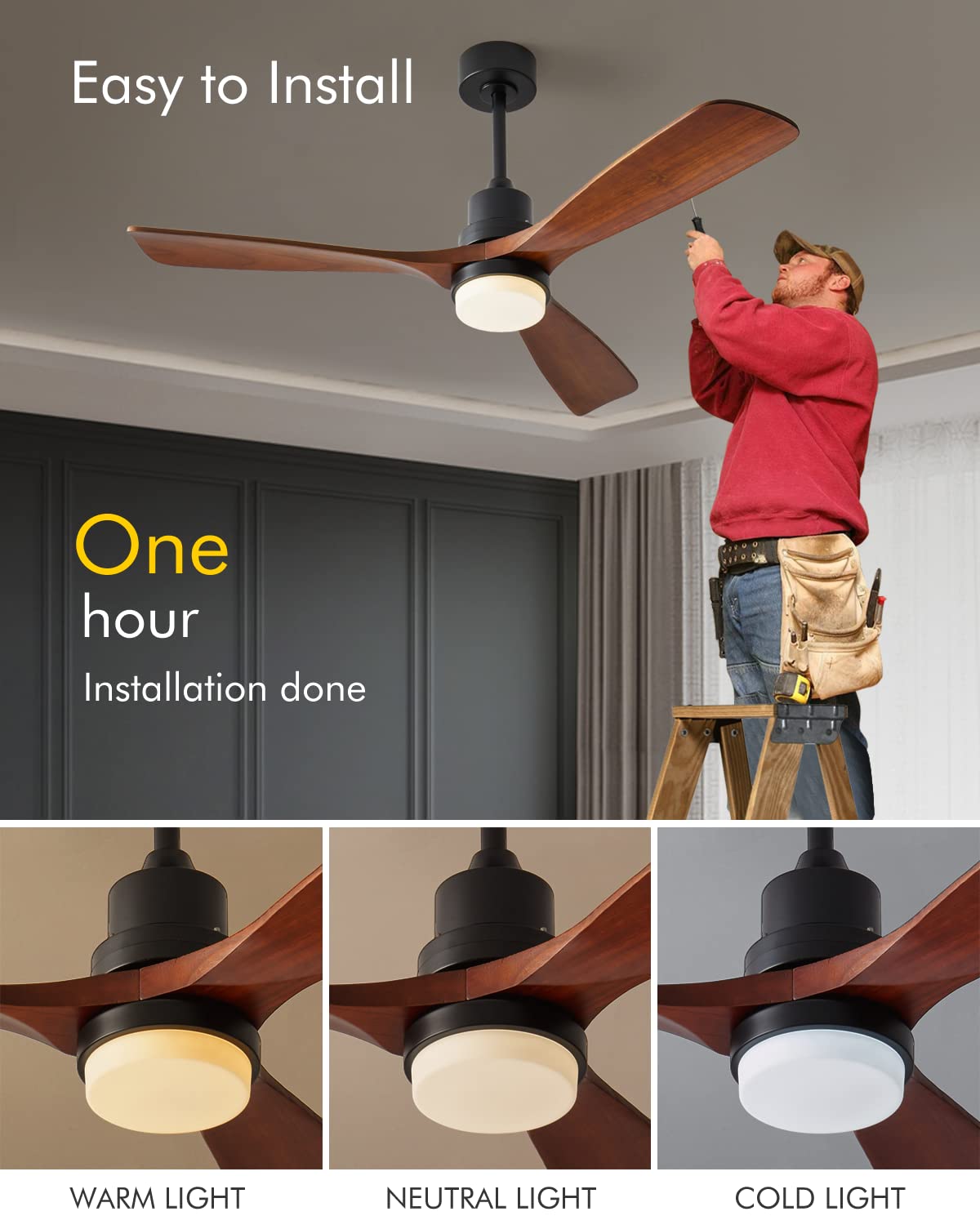 Chriari Modern Ceiling Fans with Lights, 3 Wood Fan Blades, 52" Black with Remote Control, Noiseless Reversible DC Motor for Bedroom/Living Room/Study/Patio