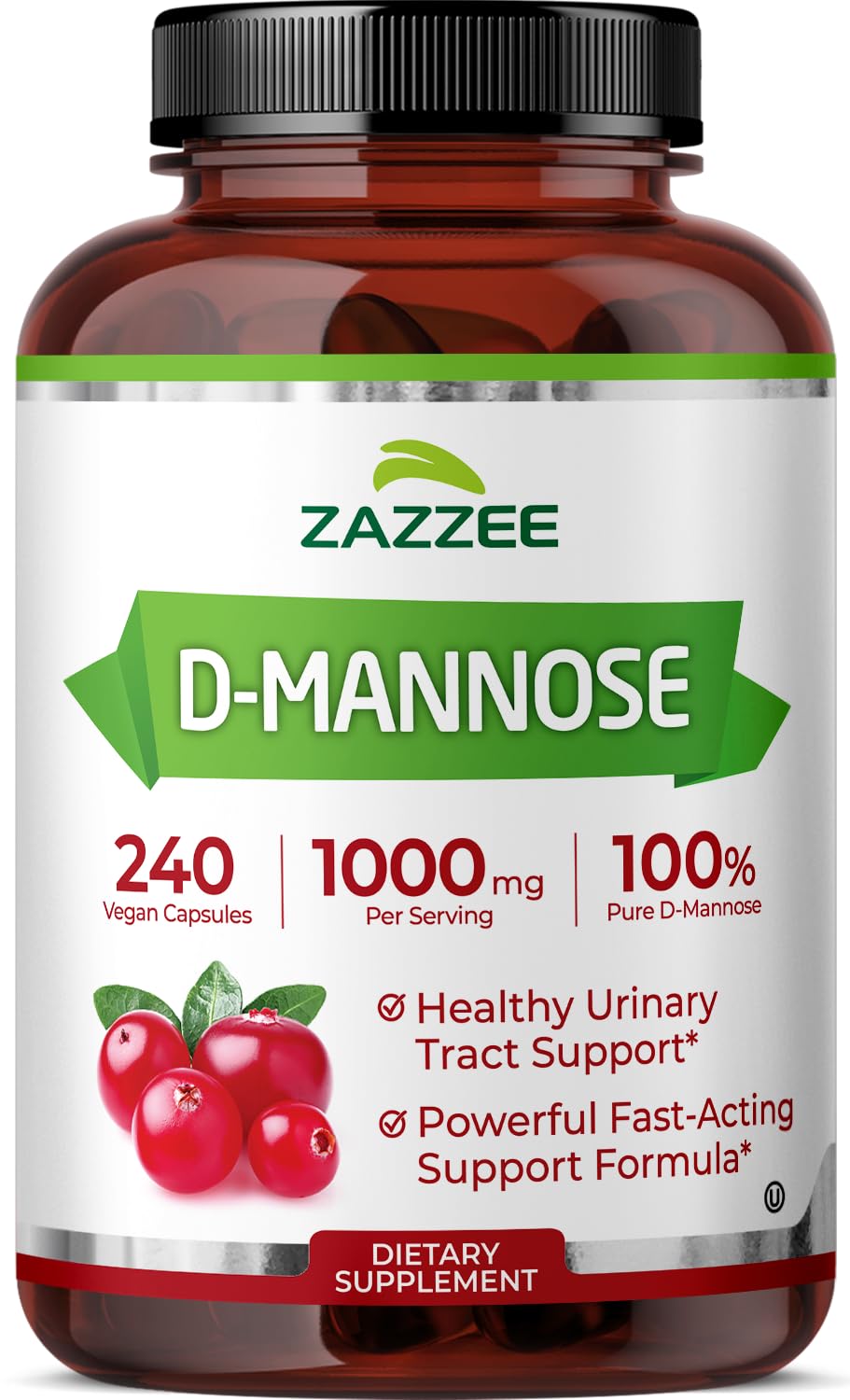 Zazzee D-Mannose, 1000 mg per Serving, 240 Vegan Capsules, 4 Month Supply, Potent & Fast-Acting, Certified Kosher, 100% Pure, All-Natural Urinary Tract Health Support, 100% Vegetarian, Non-GMO