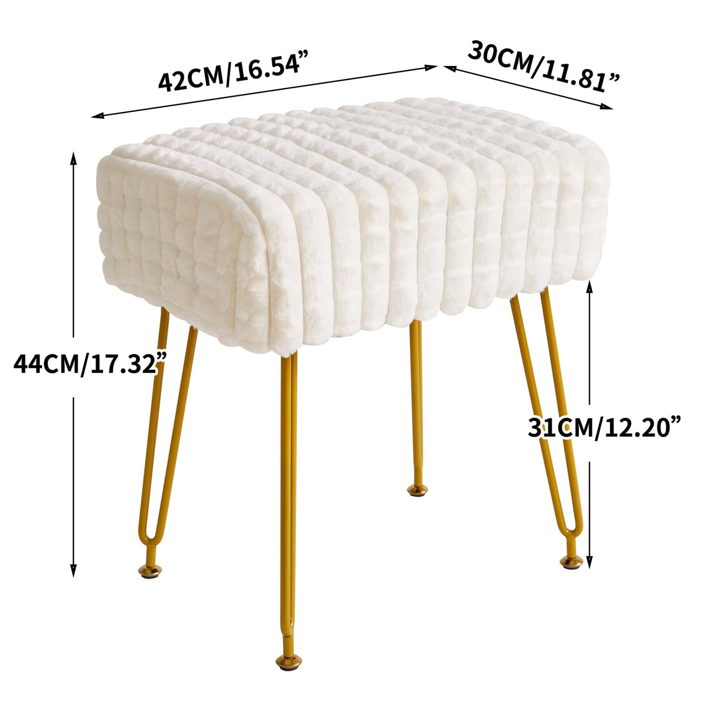 IBUYKE Rectangular Footrest Stool Ottoman, Makeup Vanity Stool Side Table, Velvet Dressing Table Seat, Footstool Chair, Golden Steel Legs, for Makeup Room, Bedroom, Square Grid Pattern, White WBD003W