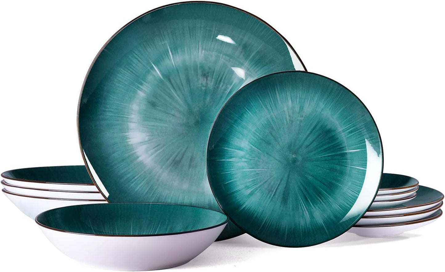 Bestone Porcelain Dinnerware Sets Service for 4, 12 pcs Hand drawn Plates and Bowls Sets, Handmade Ceramic Dish Set, Chip Resistant Modern Plate Set, Dishwasher/Microwave Safe，Starburst Green
