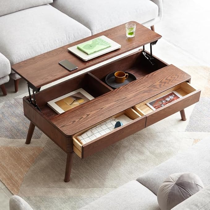 QKFF Wood Lift Top Coffee Table, 100% Solid Oak Wood Small Rising Dining Center Tables with Storage Shelf and Hidden Compartment for Living Room 48D x 26W x 26H
