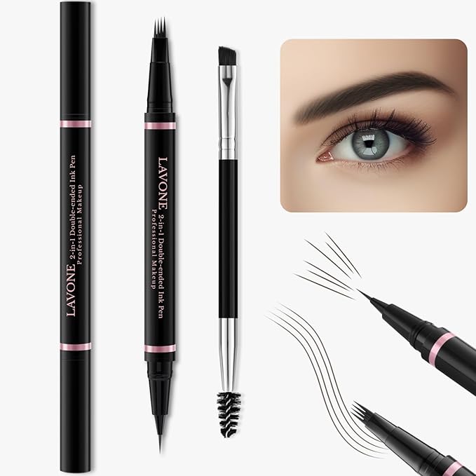 Eyebrow Pen Makeup Kit, with 4 Tip Waterproof Microblading Eyebrow Pencil, Eyeliner, Eyebrow Pomade and Dual-ended Eyebrow Brush, Brow Pencil Eyebrow Kit for Natural Looking - Medium Brown
