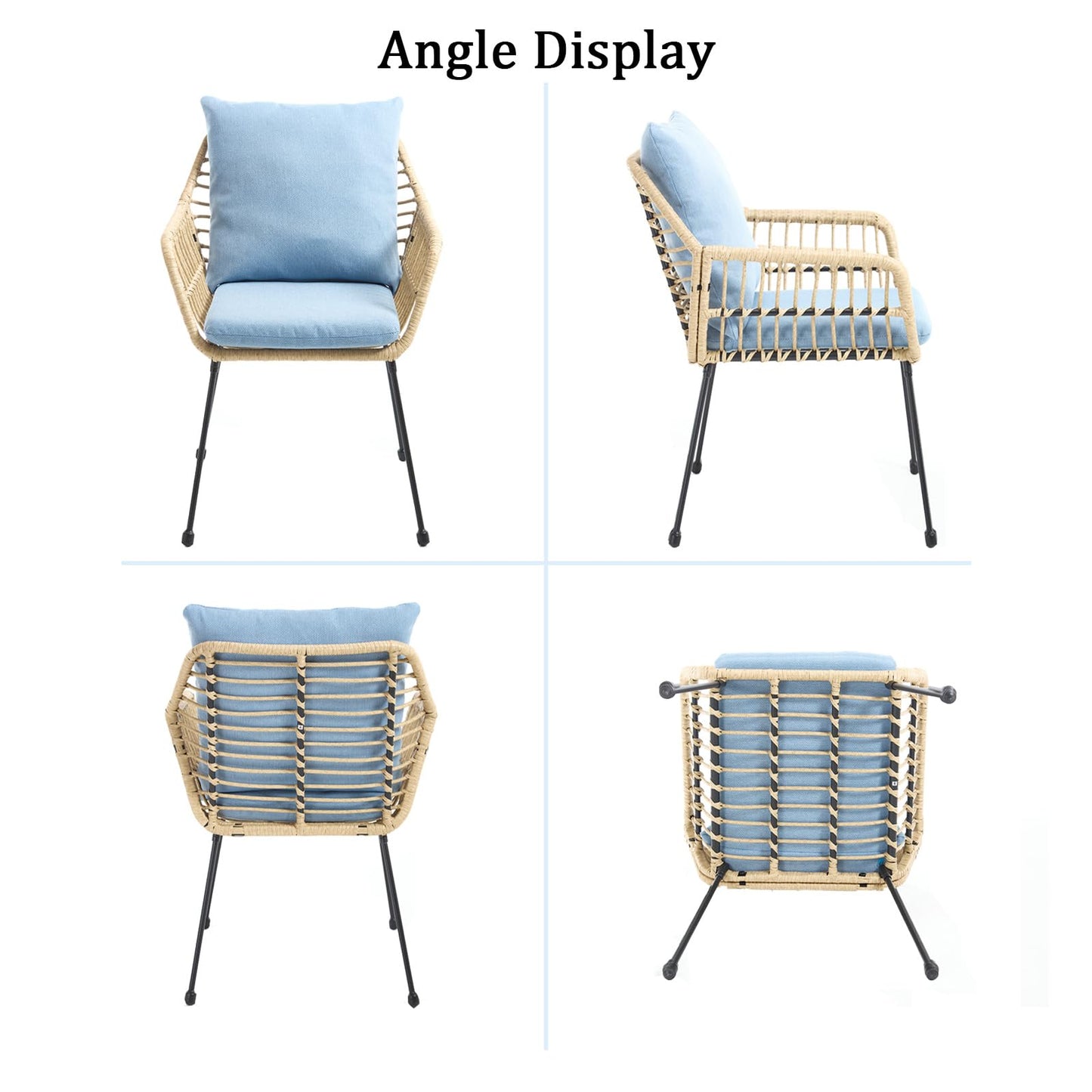 DAYARUS 3 Pieces Patio Bistro Set, Upholstered Rattan Outdoor Chairs with Coffee Table, Metal Frame Bistro Table and Chairs Set of 2, Modern Patio Conversation Set for Porch/Yard/Pool, Blue