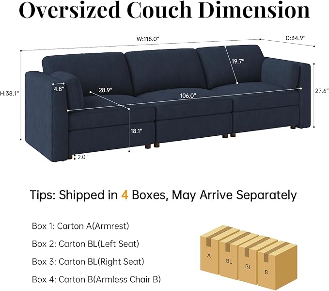 CUGOAO 118'' Modular Sectional Sofa, Oversized, Sectional Couch, Deep Seat Chenille Cloud Couch Sofa, Removable Cover, Mordern Upholstered Couches for Living Room, Apartment, Office, Blue
