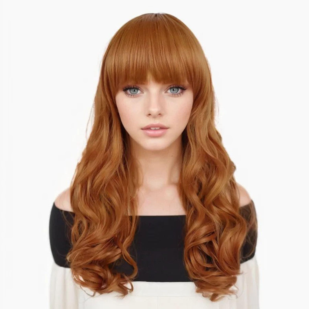 GNIMEGIL 18 inch Charming Long Wavy Ginger Synthetic Curly Wigs in Orange Wig with Bangs Halloween Costume Cosplay Wigs for Wome