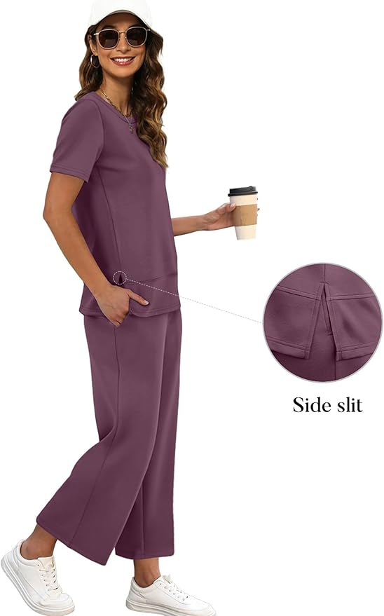 XIEERDUO Women's Side Slit Lounge Sets 2026 Fashion 2 Piece Travel Outfits Cozy Loungewear Wide Leg Tracksuits S-3XL