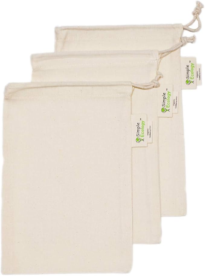 Simple Ecology Reusable Grocery Produce Shopping and Storage Bags, Organic Cotton Muslin, XSmall 3 pack