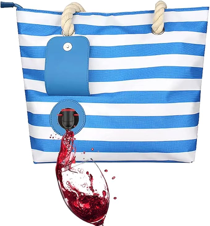 Famolay Beach Wine Tote Bag, Wine Cooler Bag Leakproof Insulated Purse Carrier with Spout Hidden Compartments, Holds 2 bot...