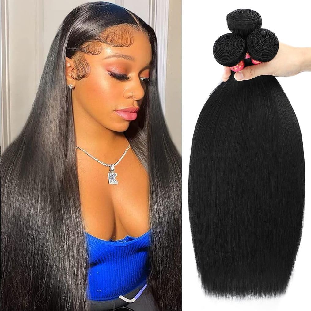 24 26 28 Inch 3 Bundles Human Hair Straight 12A 100% Unprocessed Brazilian Virgin Human Hair Bundlles Straight Natural Black, Tr