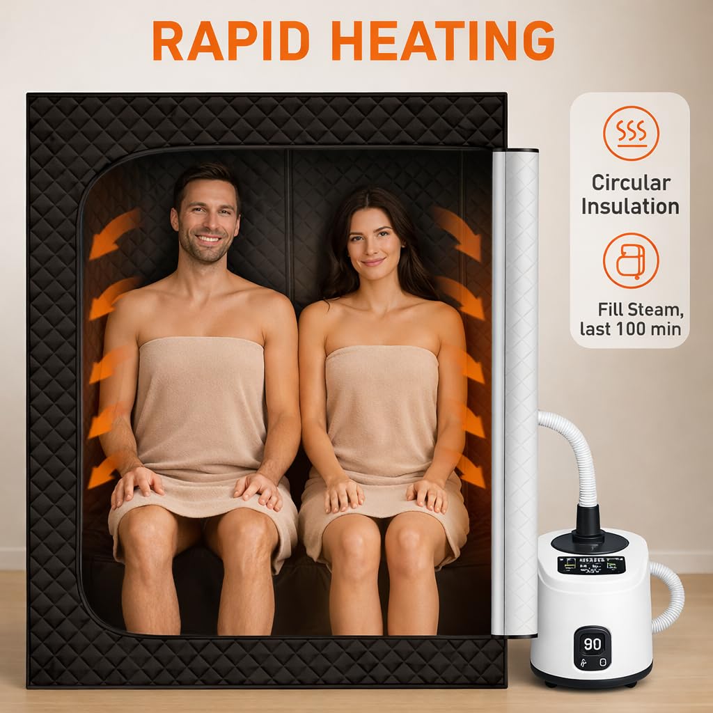 HOSOUTION Upgraded Sauna Box, Portable 2 Person Sauna for Home, Infrared Sauna for Relaxation, Portable Sauna with 2 Upgraded 3L 1200W Steamer, Folding Chair, Black