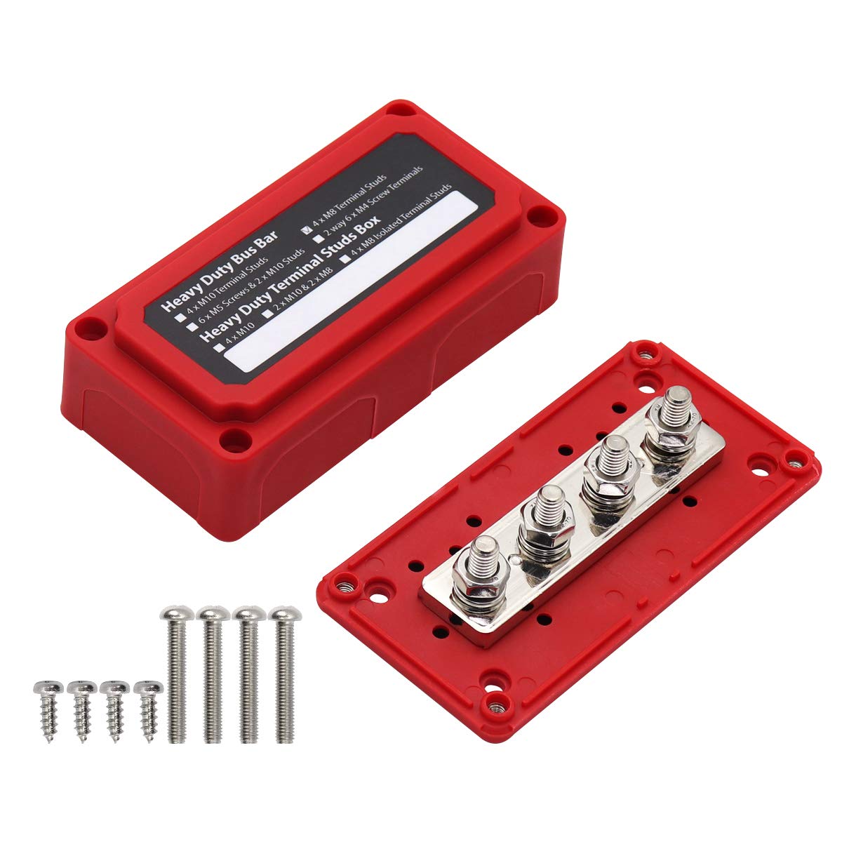 T Tocas 300A Bus Bar Power Distribution Common Busbar 4Xm8 (5/16 ) 12V, Red
