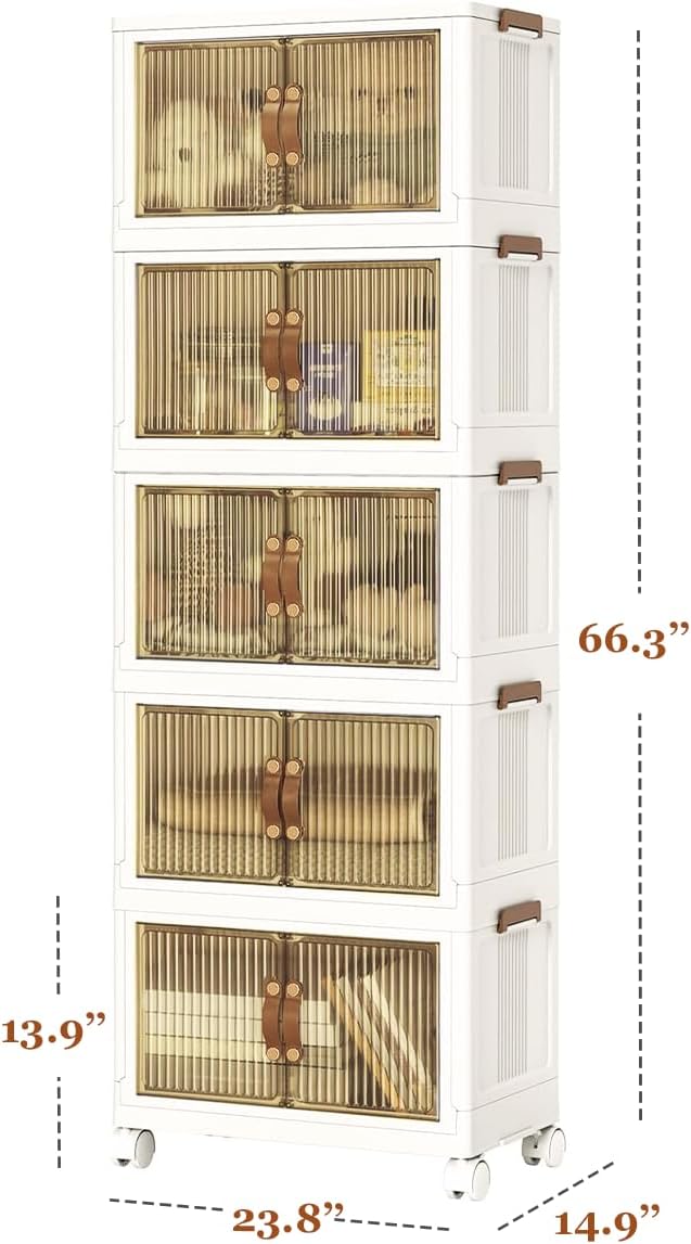 5-Tier Storage Bins with Wheels, Large Stackable Storage Bins Open Front, Clear Plastic Stackable Organizer Boxes, 400 QT Capacity, White (5 Tier, 23.6″)