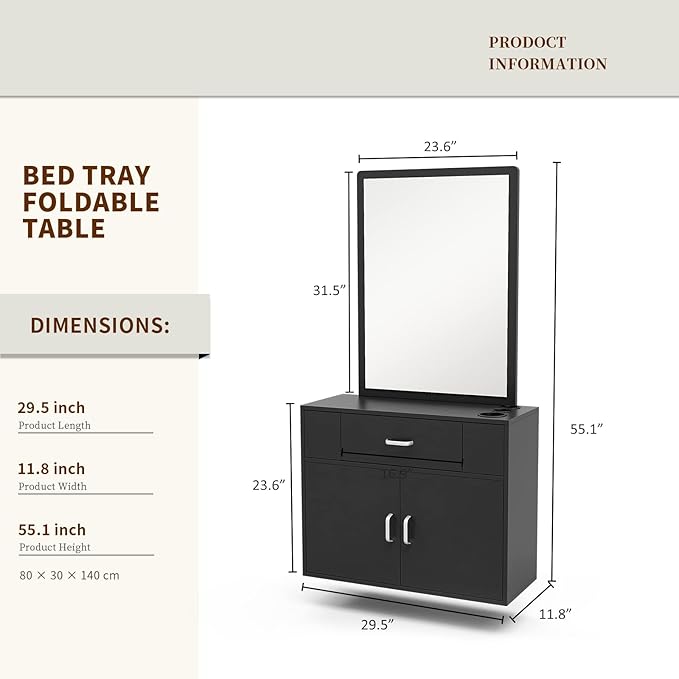 Wall Mount Salon Station Barber Stations Styling Station with Mirror Drawer Storage Cabinet Spa Salon Equipment(Black)