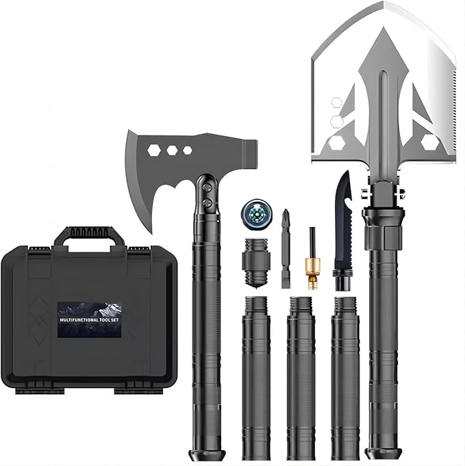 Camping Shovel Axe Outdoor Survival Shovel Set, Multifunctional Folding Tactical Shovel Hatchet Combo, High Carbon Steel C...