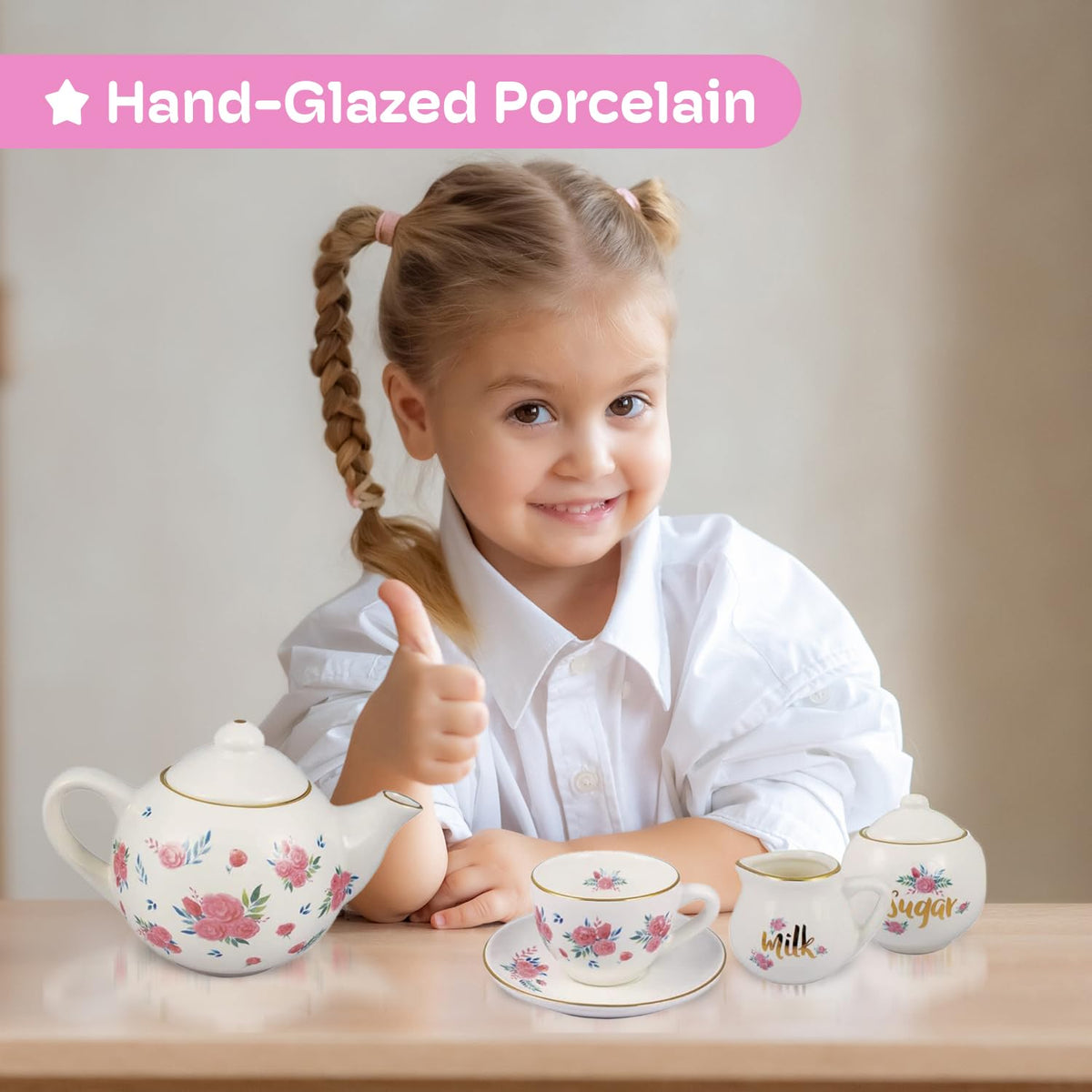 Porcelain Tea Set for Girls - Pink Ceramic Tea Cups with Pink Box - Glass Toy for Kids Party - Ideal Gift for Toddlers and Children's Ages 3 Years Old - Floral Design, 13 Pieces