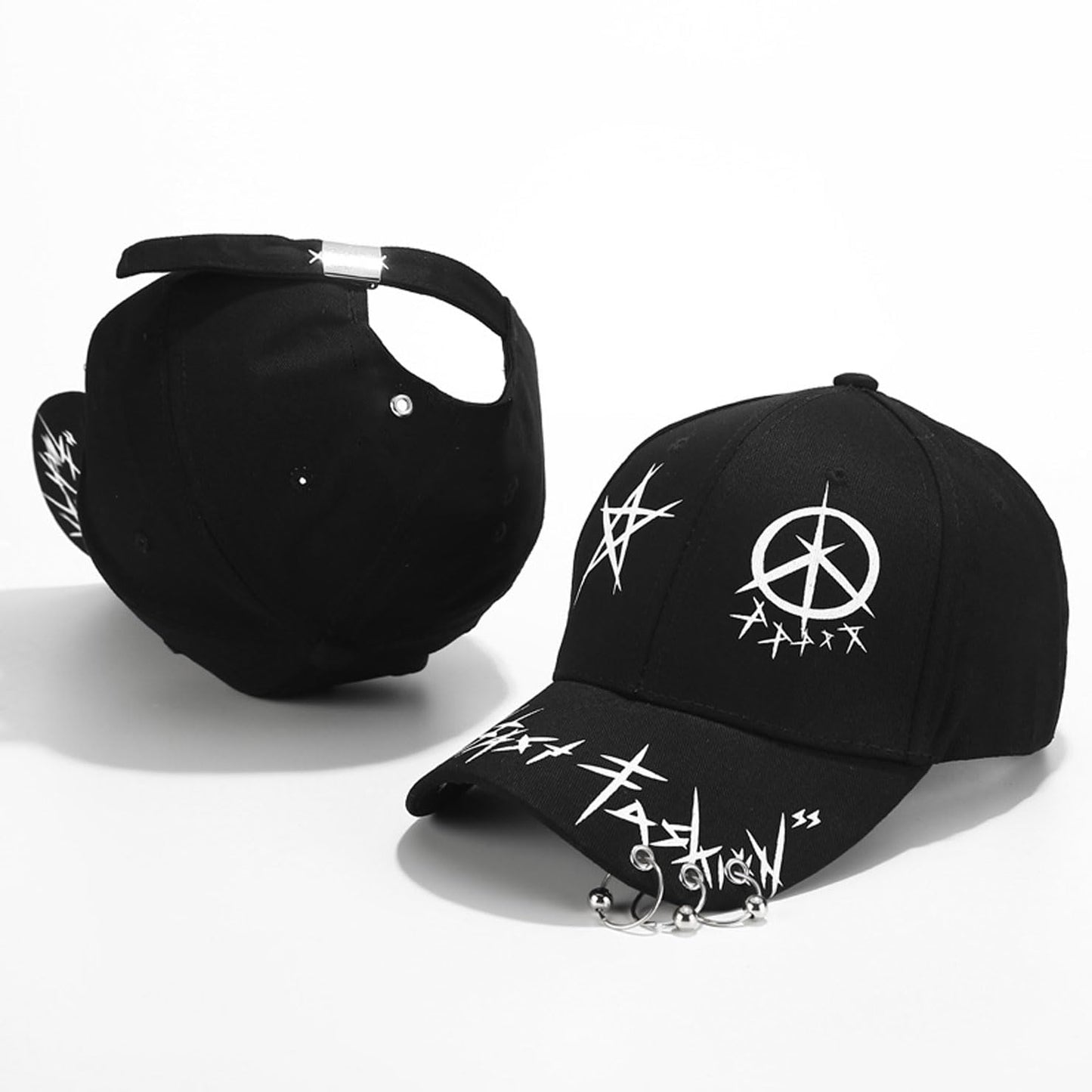 Unisex Black Graffiti Snapback Hat/Baseball Cap - Features Iron Rings on Brim, Inspired by Korean Music Groups, Hip Hop, Anime & Gothic Styles for Men and Women