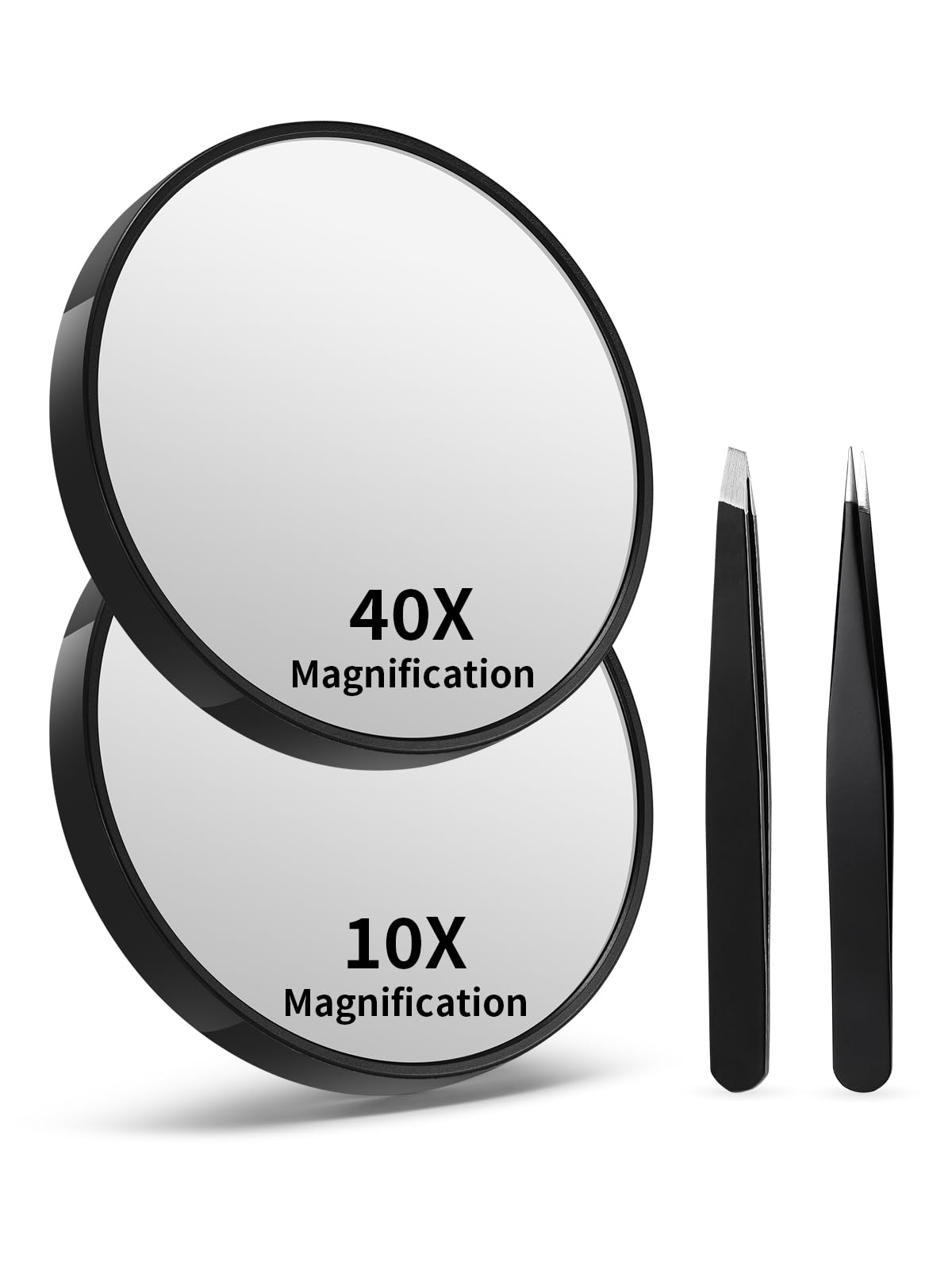 Macaki 10X&40X Magnifying Mirrors with Suction Cups and 2 Tweezers Set, 3.5 inches Magnified Makeup Mirror, Black, 2PCS