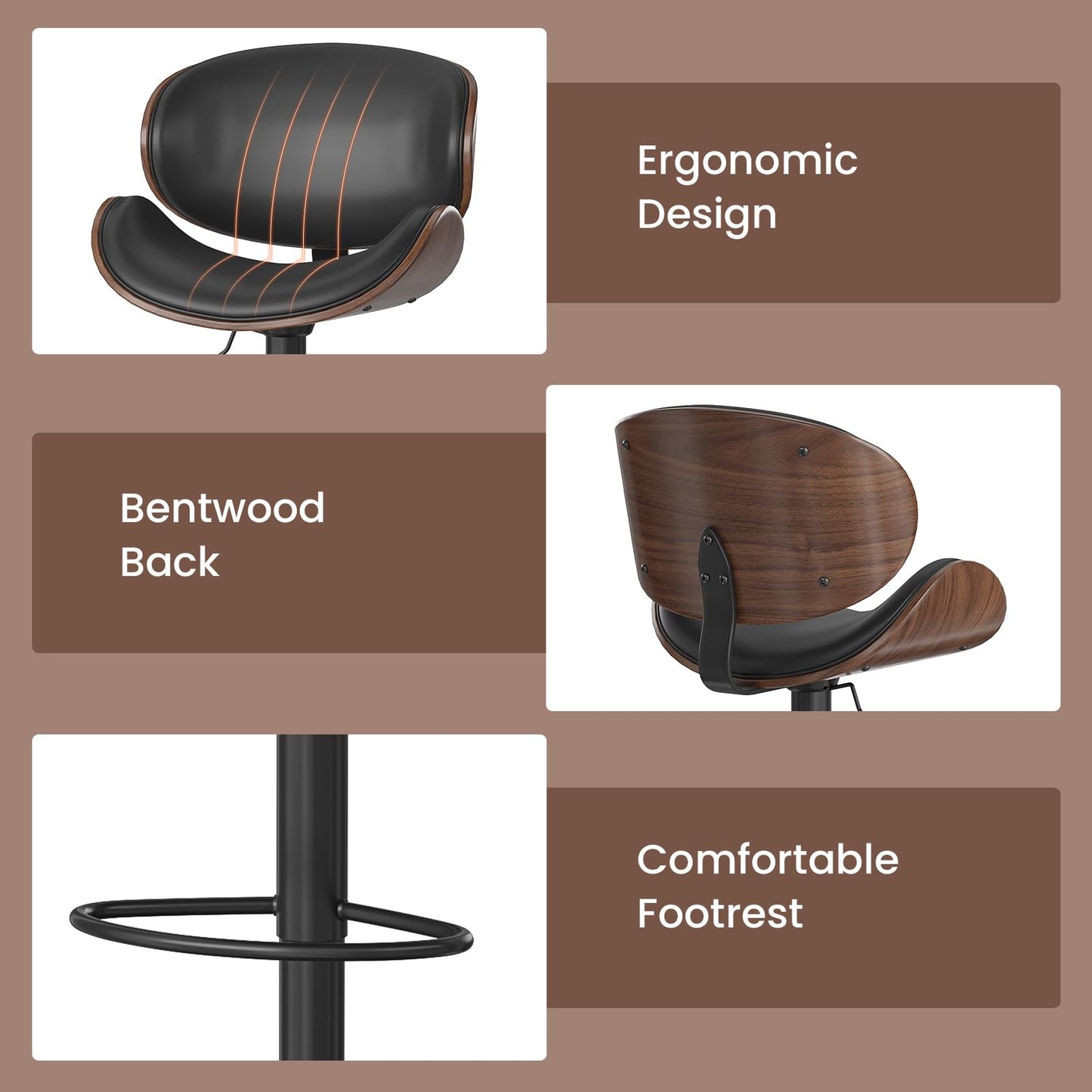 Farini Swivel Bar Stools Set of 2 Adjustable Height Bentwood Barstools with PU Leather Upholstered Seat, Backrest and Footrest,Modern Kitchen Counter Chairs for Bar, Dining Room,Black