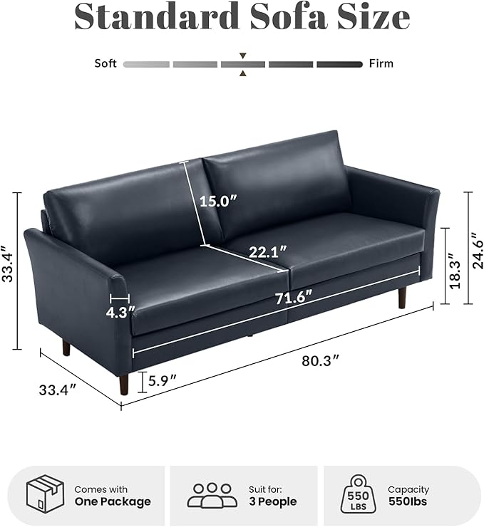 Kingfun Faux Leather 3 Seat Couch for Living Room, Mid Century Modern Sofa with Rolled Arms and Deep Seats, Fluffy Comfort for Apartment, Easy to Assemble, Blue