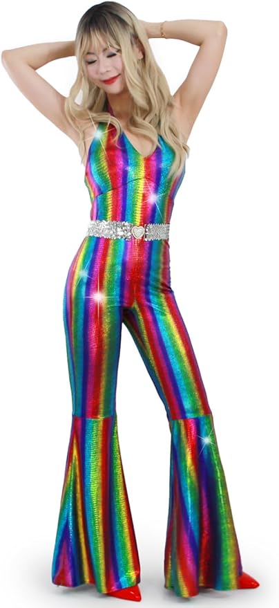 Nawgut Disco Outfit 70s 80s Prom Sparkle Flare Jumpsuit Party Costume Halloween Cosplay For Adult Women