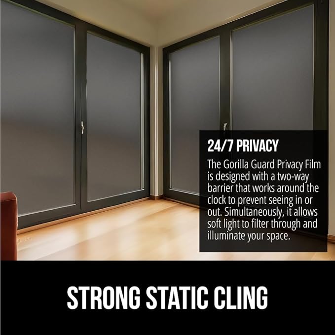 Gorilla Guard Window Privacy Film, Removable Two Way Sun Blocking, 17.5 x 118.1 Inch, Reusable No Residue Stickers, Strong Static Clings to Glass Windows, Decorative Bathroom Door Coverings, Black