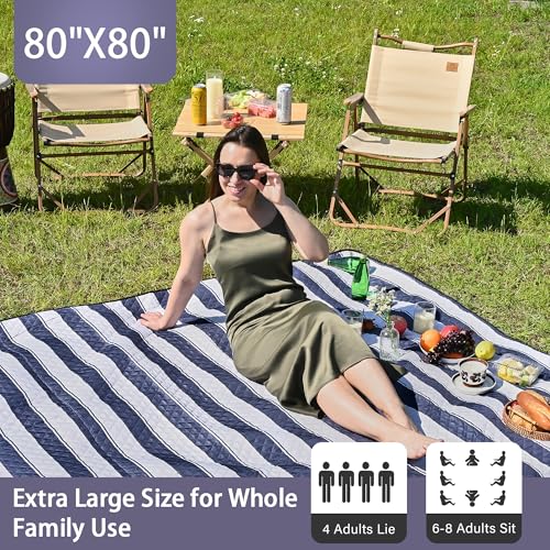 HX&OD Outdoor Picnic Blanket Extra Large, 80''*80'' Waterproof Picnic Mat with Stakes Foldable Camping Blanket Portable wi...