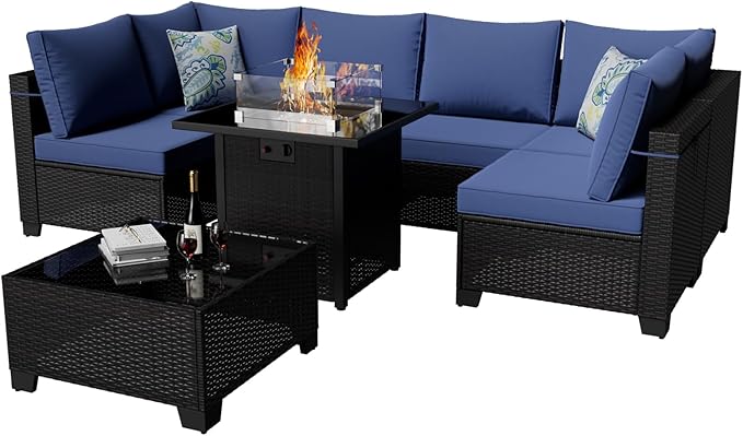 Ophelian 8 Piece Patio Furniture Set with Fire Pit Table, Wicker Outdoor Sectional Furniture, Outside Rattan Patio Couch Sets for Backyard, Garden, Deck (Brown/Blue)