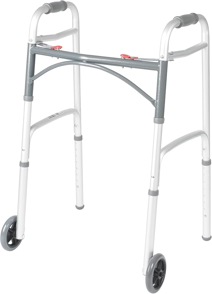 Drive Medical Two-Button Folding Walker w/ Wheels - Lightweight Rolling Mobility Support - Desk Arms - Adjustable Height -...