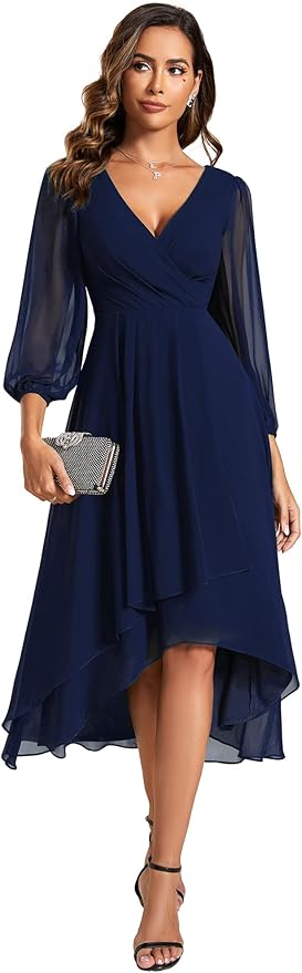 Ever Pretty Women's Chiffon V Neck Long Sleeves A-Line Midi Length Wedding Guest Dress Cocktail Party Formal Dresses 01926