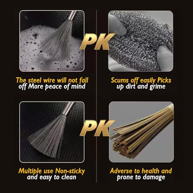 Stainless Steel Dish Brush with Handle, Metal Steel Wool Scrubber for Cast lron, Cookware, Pot, Pan, Grill（1PCS