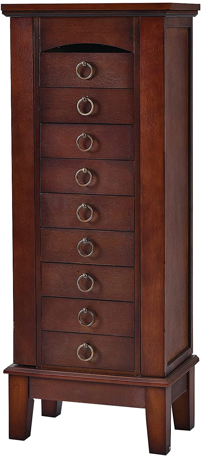 FANTASK Standing Jewelry Armoire Cabinet, Wooden Jewelry Storage Chest w/Flip Top Mirror, 9 Drawers & 2 Side Doors, Bedroom Armoire with Large Storage, Walnut