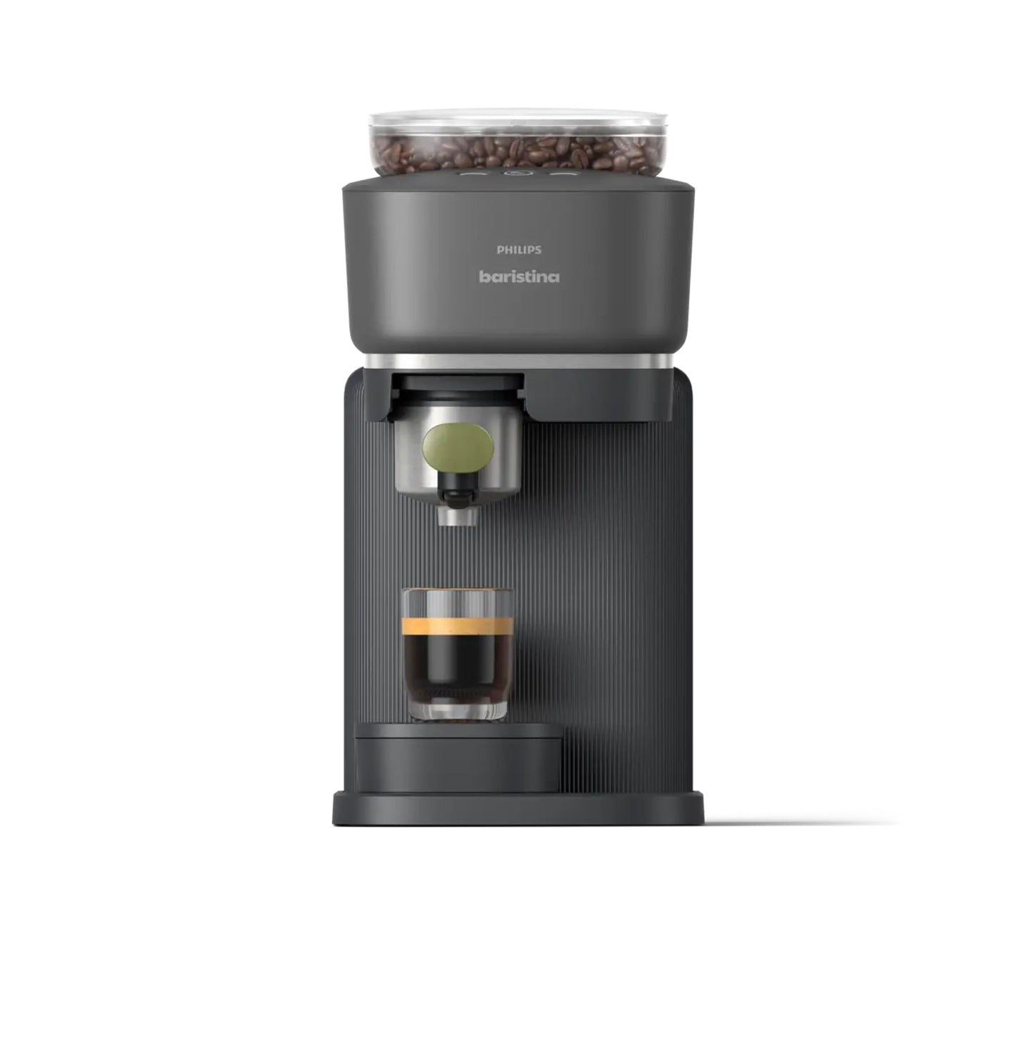 Philips Baristina Espresso Machine, Grind, Tamp & Brew Coffee Beans in One Swipe, Compact, 16 Bar Pump Pressure, Automatic Grinder, Black with Natural Green Portafilter (BAR321/64)