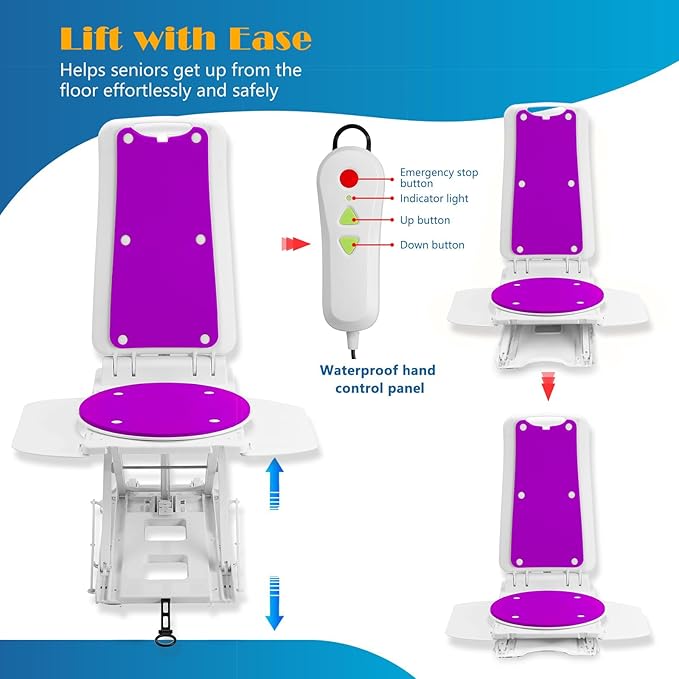 Electric Chair Lift for Senior, Remote Control Floor Lift with Padded Backseat, Bathtub Lift Elderly from Floor, Net Weight 24 LBS, Support Max 308 LBS, Safety and Waterproof Design, Include Charger