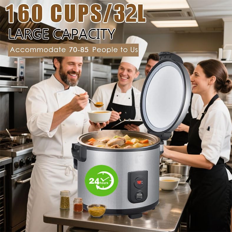 YOLLNIA 32.1QT Commercial Rice Warmer(Not Rice Cooker) Portable Big Food Rice Warmer / 122℉- 178℉ Adjustable Temperature/ 160W/ Non-stick Inner Pot For Restaurant Party Family