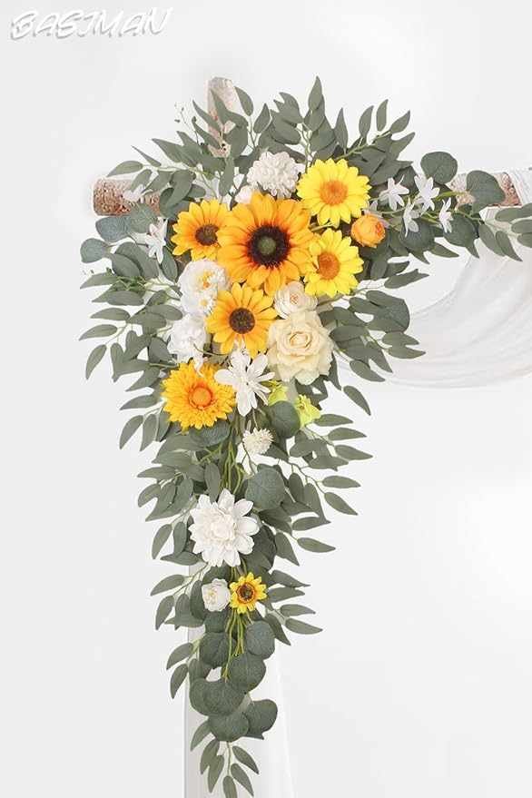 Arch Flowers with Drapes Kit (Pack of 3) for Wedding Ceremony Arbor and Reception Backdrop Decoration Wedding Welcome Signs Floral Birthday Party Decoration(Sunflower)