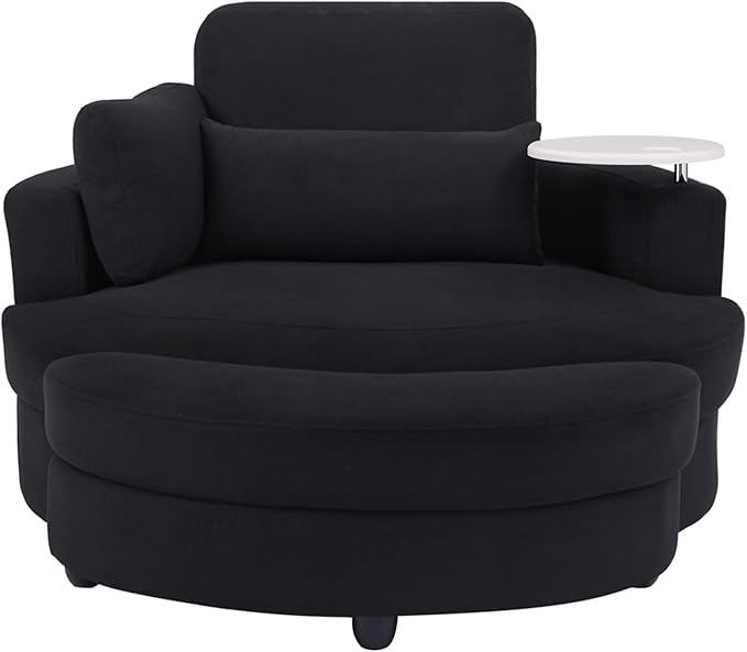 Yoglad Oversized Round Swivel Accent Chair - 360 Degree Chairs with Ottoman Armrest Tray Ideal for Living Room, Bedroom(Corduroy Black)