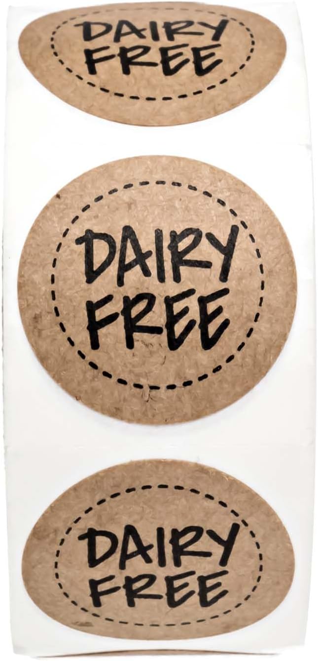 Brown Kraft Dairy Free Stickers / 500 Food Allergy Label Roll / 1" Small Round Vegan Milk Lactose Free Labels/Made in The USA