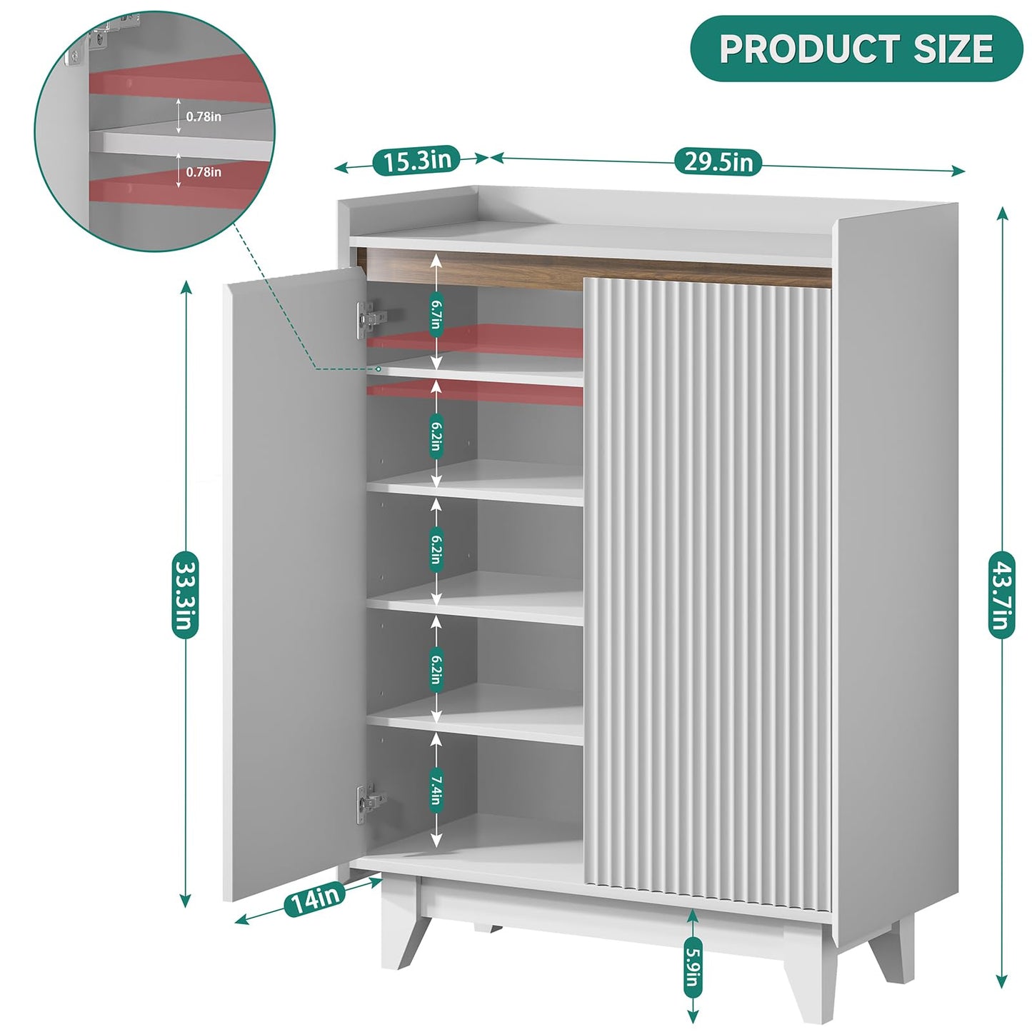 White Fluted Shoe Cabinet, 5-Tier Shoe Storage Cabinet with Adjustable Shelves, 43.7”H Tall Shoe Cabinet Storage for Entryway Hallway Living Room, Shoe Rack Organizer White & Walnut Wave Fluted Design