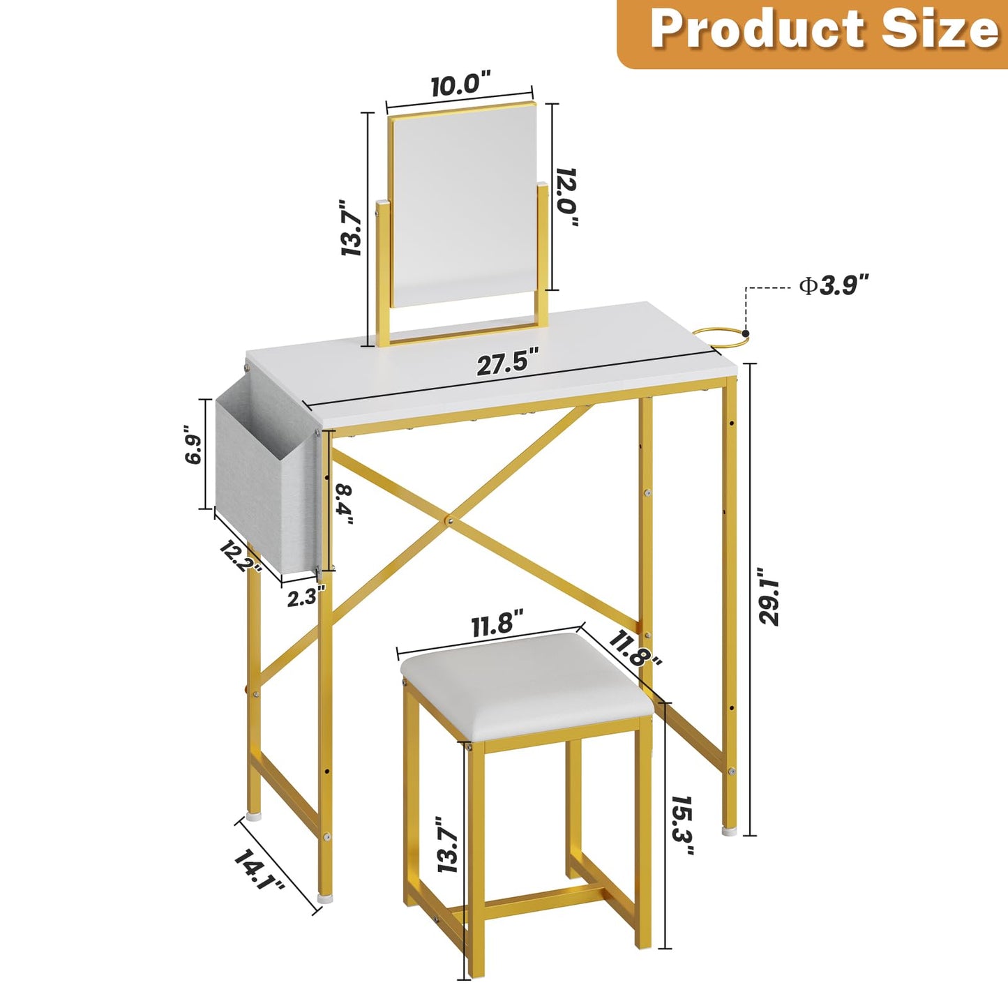 Makeup Vanity Set with 360°Rotating Mirror amd PU Leather Chair, Compact Small Vanity Desk with Side Pocket for small space, Dressing Table for Bedroom, Cheap Gold and White Vanity for Girls and Women