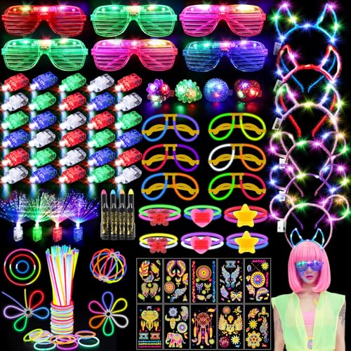 130PCS Glow in the Dark Party Supplies for Kids Adults, Light Up Party Favors with LED Glasses, Headbands, Finger Lights, ...