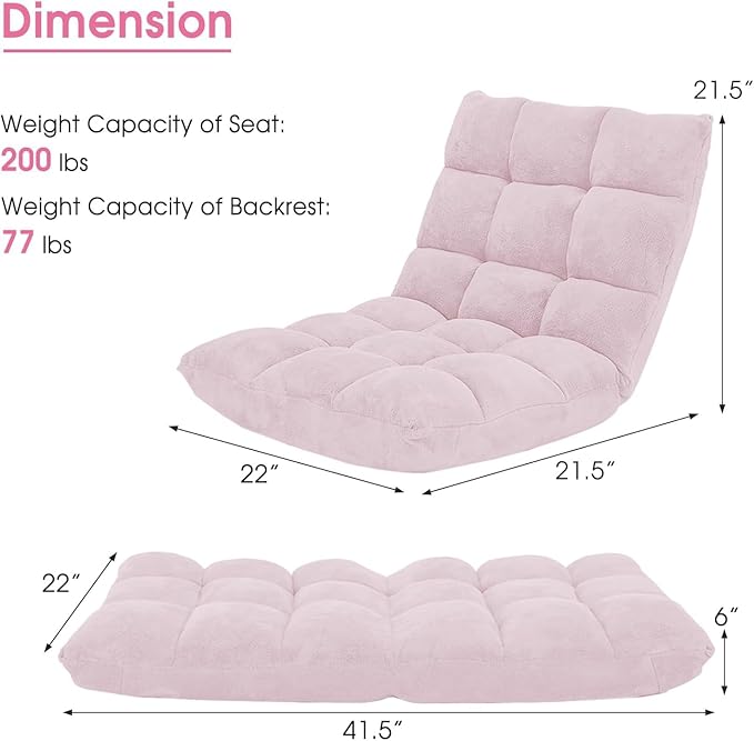 MAT EXPERT 14-Position Floor Chair, Floor Gaming Chair w/Soft Coral Fleece, Alloy Steel Frame, Padded Lazy Couch Recliner, Floor Chair with Back Support for Reading, Meditating (Pale Pink)