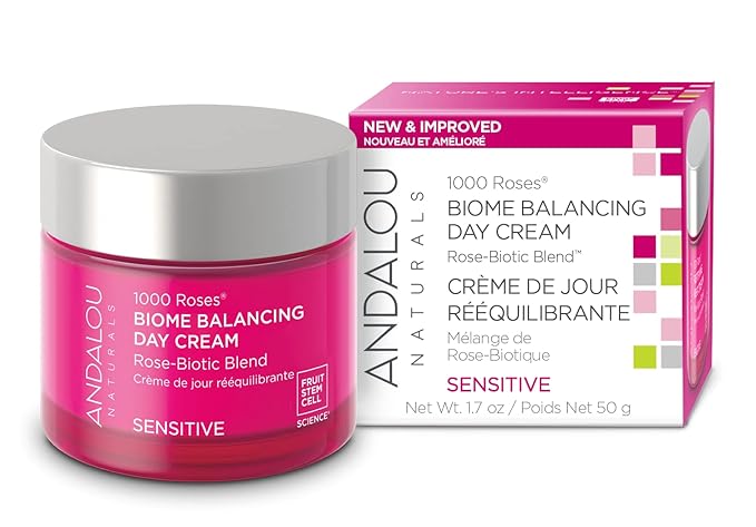 Andalou Naturals 1000 Roses Skin Biome Balancing Day Cream - Lightweight Face Moisturizer with Alpine Rose Stem Cells, Postbiotics - Soothing Hydration for Sensitive Skin - 1.7 Oz