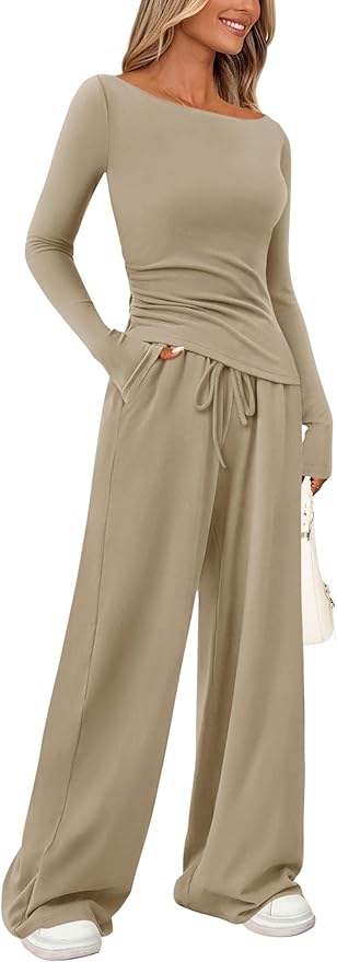 PRETTYGARDEN Women's 2 Piece Lounge Sets Asymmetrical Long Sleeve T Shirt Wide Leg Pants Casual Outfits Tracksuit