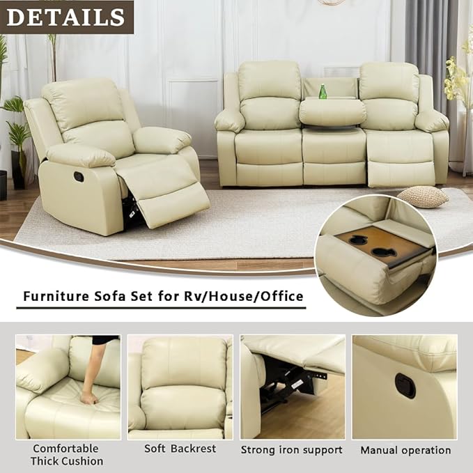 A Ainehome Living Room Furniture Set Bonded Leather Recliner Sofa Set Loveseat Chair Furniture Sofa Set for Living Room/Rv/House/Office/Theater Seating (A-Beige Leather, Sofa+Chair)