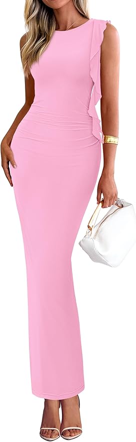 PRETTYGARDEN Women's Summer Maxi Dresses 2026 Sleeveless Ruffle Formal Wedding Guest Cocktail Mesh Bodycon Split Long Dress